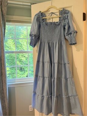 Hill House Light Blue Smocked Puff-Sleeve Tiered Dress